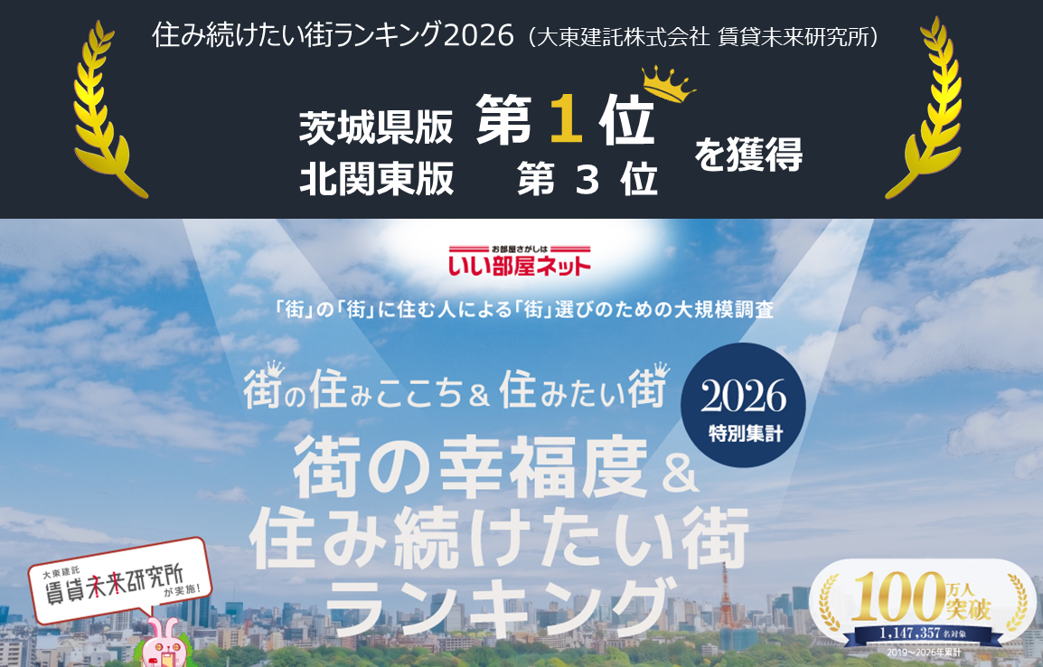 住み続けたい街ランキング2026 茨城県版第1位、北関東版第3位