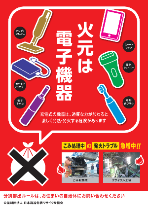 (公財)日本容器包装リサイクル協会 リチウムイオン電池等混入防止啓発用のポスター