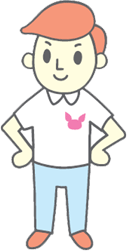 胸にピンク色のワンポイントの入った白のポロシャツに水色のズボンをはき、両手を腰に当てて立つ男性（健助さん）のイラスト
