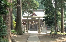先に鳥居が見える、両脇に杉が立ち並ぶ神社の参道の写真（東海十二景のグーグルマップへのリンク）