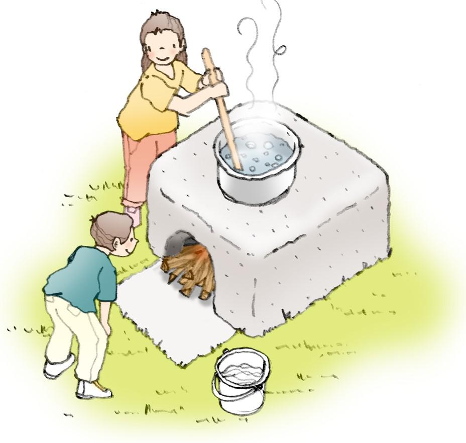 かまどに大きな鍋をかけ、塩づくりをしている様子。薪をくべたところをのぞき込む人と、棒で鍋の塩水をかき混ぜている人のイメージイラスト
