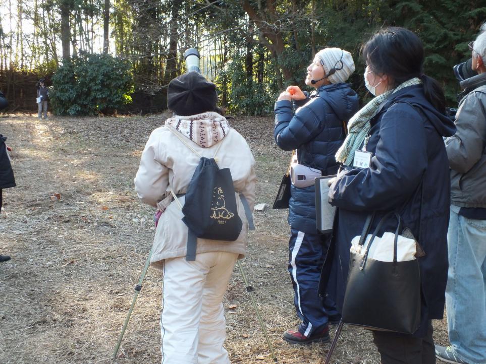 木立の中インカムを付けて説明をしている女性と、防寒着を着こんで望遠鏡をのぞく  後ろで見守る人たちの写真