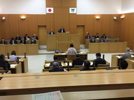 東海村議会にて質問を行う、大名美恵子議員の写真