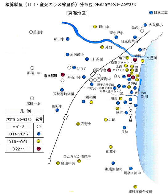 放射線量(TLD・蛍光ガラス線量計)分布図(平成１９年１０月～２０年３月）