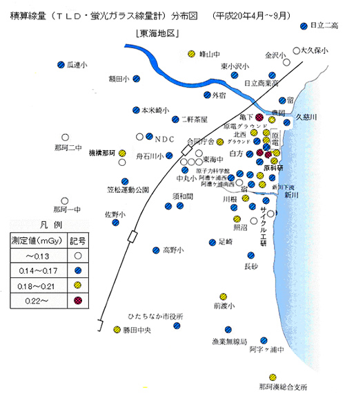 積算線量（TLD・蛍光ガラス線量率）分布図（平成20年4月から9月）