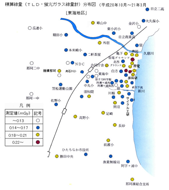 積算線量（TLD/蛍光ガラス線量計）分布図（平成20年10月～21年3月)