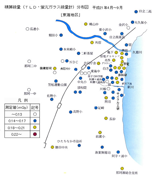 放射線量（ＴＬＤ・蛍光ガラス線量計）分布図